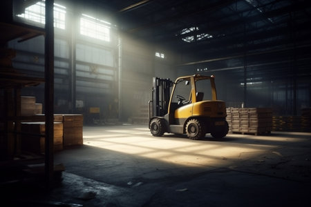 forklift warehouse box delivery logistic transportation storage distribution cargo vehicle. Generative AI.の素材