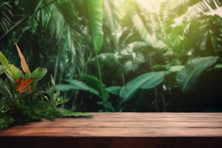 wooden palm podium design leaf green platform mock up space color. Generative AI.の素材