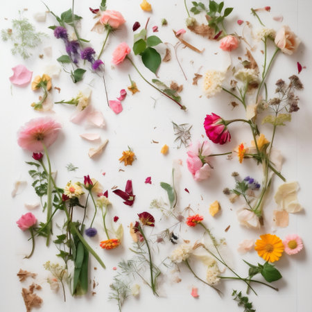 summer floral leaf composition nature flower spring mockup white background isolated. Generative AI.の素材