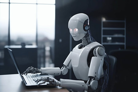 hand ai digital technology artificial office laptop document paper robot. Generative AI.の素材