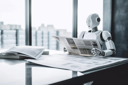 laptop hand ai digital robot document paper technology artificial office. Generative AI.の素材