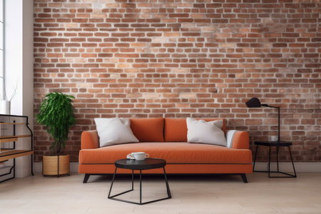interior background wall living simple decor home terracotta render brick wall. Generative AI.の素材