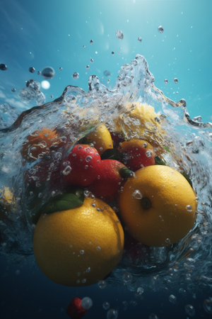 food splashing vitamin background drop fresh water green healthy strawberry fruit. Generative AI.の素材