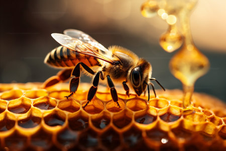 honey yellow bee nature insect pollen closeup macro background gold sweet. Generative AI.の素材