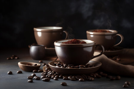 morning aroma cafe breakfast espresso brown drink bean cup mug. Generative AI.の素材