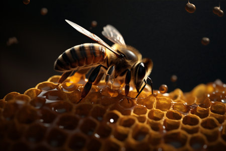 bee insect flying closeup gold pollen background macro yellow honey nature. Generative AI.の素材