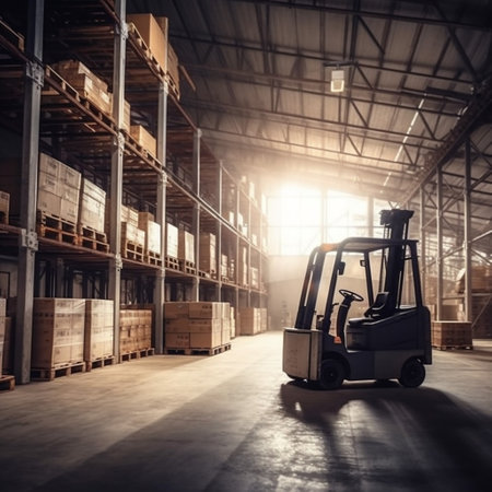 storage delivery logistic sun cargo forklift box distribution warehouse transportation. Generative AI.の素材