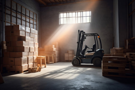 transportation delivery logistic cargo forklift storage sun box warehouse distribution. Generative AI.の素材
