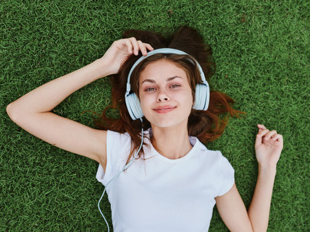 A happy woman lying on the green lawn in a white T-shirt and listening to music with her headphones smiling with her hands in the airの写真素材