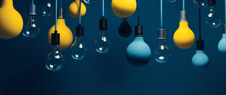 yellow idea background light blue power bulb concept network creative energy. Generative AI.の素材