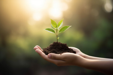 life ecology plant hand growth green agriculture nature care leaf. Generative AI.の素材