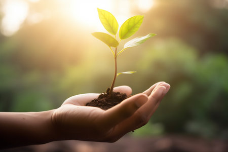 hand nature leaf care life agriculture green plant ecology growth. Generative AI.の素材