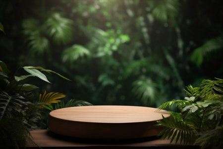 green platform mock podium leaf up palm wooden design color space. Generative AI.の素材
