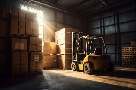 sun storage logistic warehouse box forklift transportation cargo distribution delivery. Generative AI.の素材