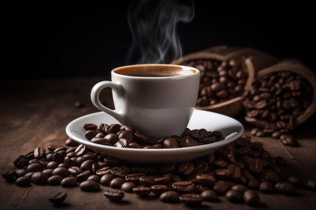 aroma mug cup brown breakfast cafe espresso drink morning bean. Generative AI.の素材