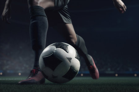 game stadium soccer competition football ball foot kick goal sport. Generative AI.の素材