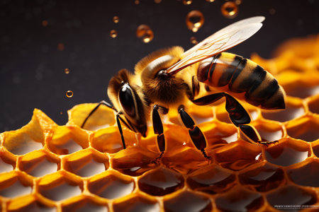 pollen closeup wax yellow insect nature gold bee background macro honey. Generative AI.の素材