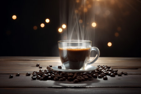 drink morning aroma cafe bean mug espresso cup brown breakfast. Generative AI.の素材