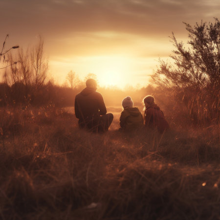 child field lifestyle family back nature outdoor mother father summer view. Generative AI.の素材