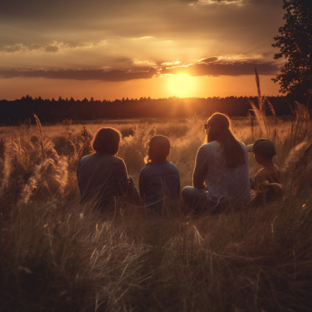 field view outdoor nature summer mother lifestyle family father child back. Generative AI.の素材