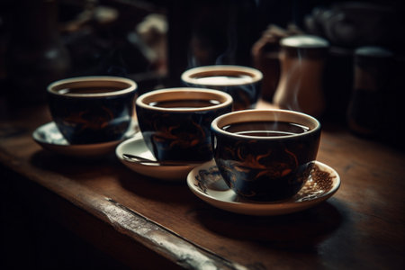 food beverage cup espresso table mug drink caffeine breakfast cafe. Generative AI.の素材