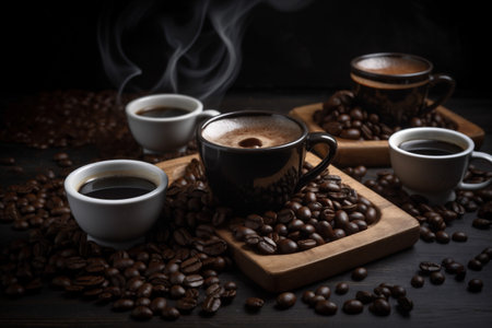 morning cafe cup drink mug brown espresso breakfast aroma bean. Generative AI.の素材