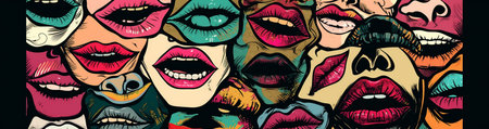 red woman mouth lipstick kiss lips female illustration poster art abstract. Generative AI.の素材