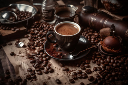 aroma bean espresso breakfast morning brown cup cafe mug drink. Generative AI.の素材
