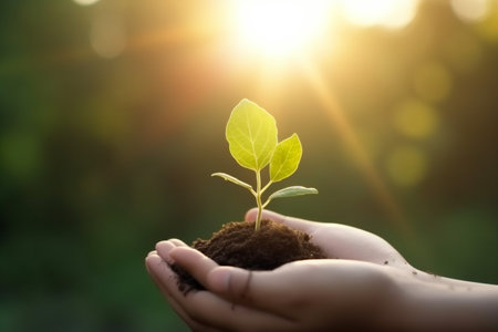 care agriculture ecology plant green life hand nature growth leaf. Generative AI.の素材