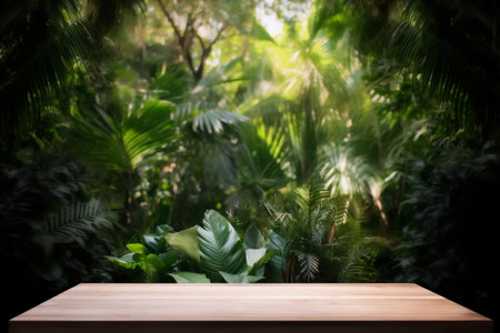 space palm up color mock green leaf wooden platform podium design. Generative AI.の素材