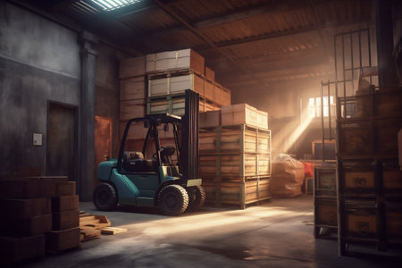 transportation forklift cargo sun distribution storage box warehouse delivery logistic. Generative AI.の素材