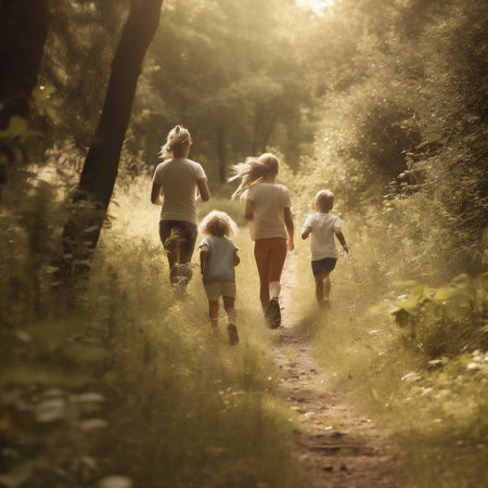 outdoor back father field child nature mother lifestyle view family summer. Generative AI.の素材