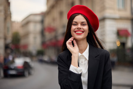 Fashion woman portrait smile with teeth standing on the street in front of the city tourist in stylish clothes with red lips and red beret, travel, cinematic color, retro vintage style, urban fashion.の写真素材