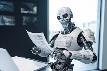 hand robot laptop paper document digital technology ai artificial office. Generative AI.の素材