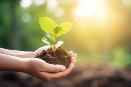 hand nature leaf agriculture ecology green care growth life plant. Generative AI.の素材