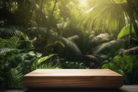 space green design leaf color podium platform wooden palm up mock. Generative AI.の素材