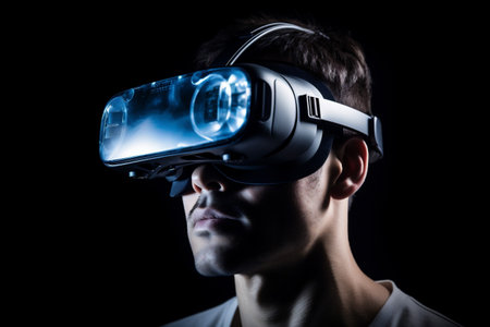 technology woman concept headset digital future virtual business internet line glasses. Generative AI.の素材