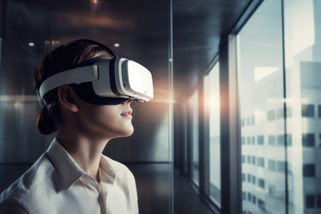 woman business cyber glasses concept future line virtual headset digital technology. Generative AI.の素材