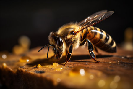 gold background yellow bee insect closeup nature macro vibrant pollen honey. Generative AI.の素材
