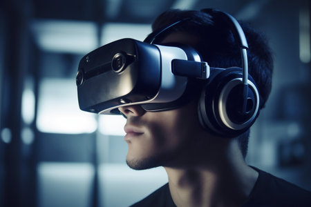 woman technology concept headset business vr digital glasses virtual line future. Generative AI.の素材
