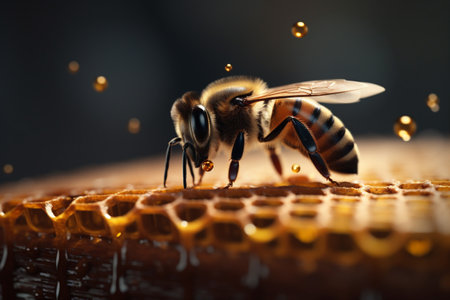 wild bee background closeup gold honey nature yellow pollen macro insect. Generative AI.の素材