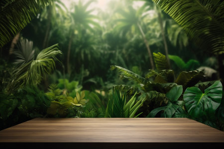 green design podium space wooden color palm mock platform up leaf. Generative AI.の素材