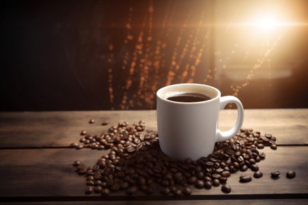 aroma cup bean brown cafe mug drink espresso breakfast morning. Generative AI.の素材