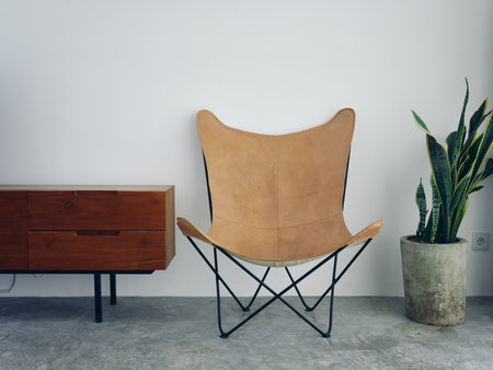 Stylish leather chair chair in a modern interior with white walls and concrete floor, wooden elements, natural daylight from the window.の写真素材