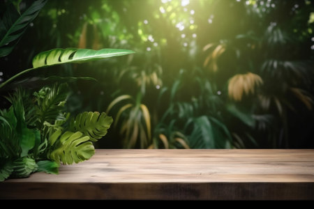 space podium green mock design palm leaf up wooden color platform. Generative AI.の素材