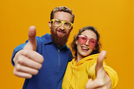 Man and woman couple smiling cheerfully and crooked with glasses, on yellow background, symbols signs and hand gestures, family shoot, newlyweds.の写真素材