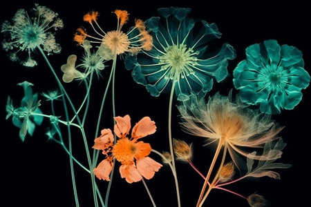 illustration blossom xray leaf floral flower bloom spring nature beautiful background. Generative AI.の素材