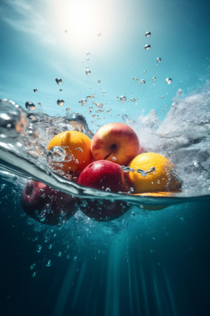 strawberry fruit vitamin healthy green water background fresh drop kiwi food. Generative AI.の素材