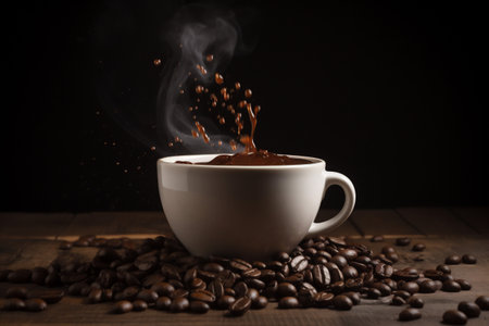 brown bean drink breakfast aroma morning cafe cup mug espresso. Generative AI.の素材