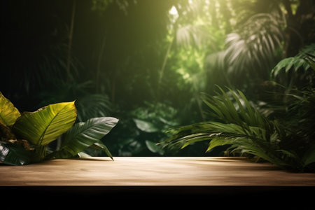space design color green platform mock leaf up palm wooden podium. Generative AI.の素材